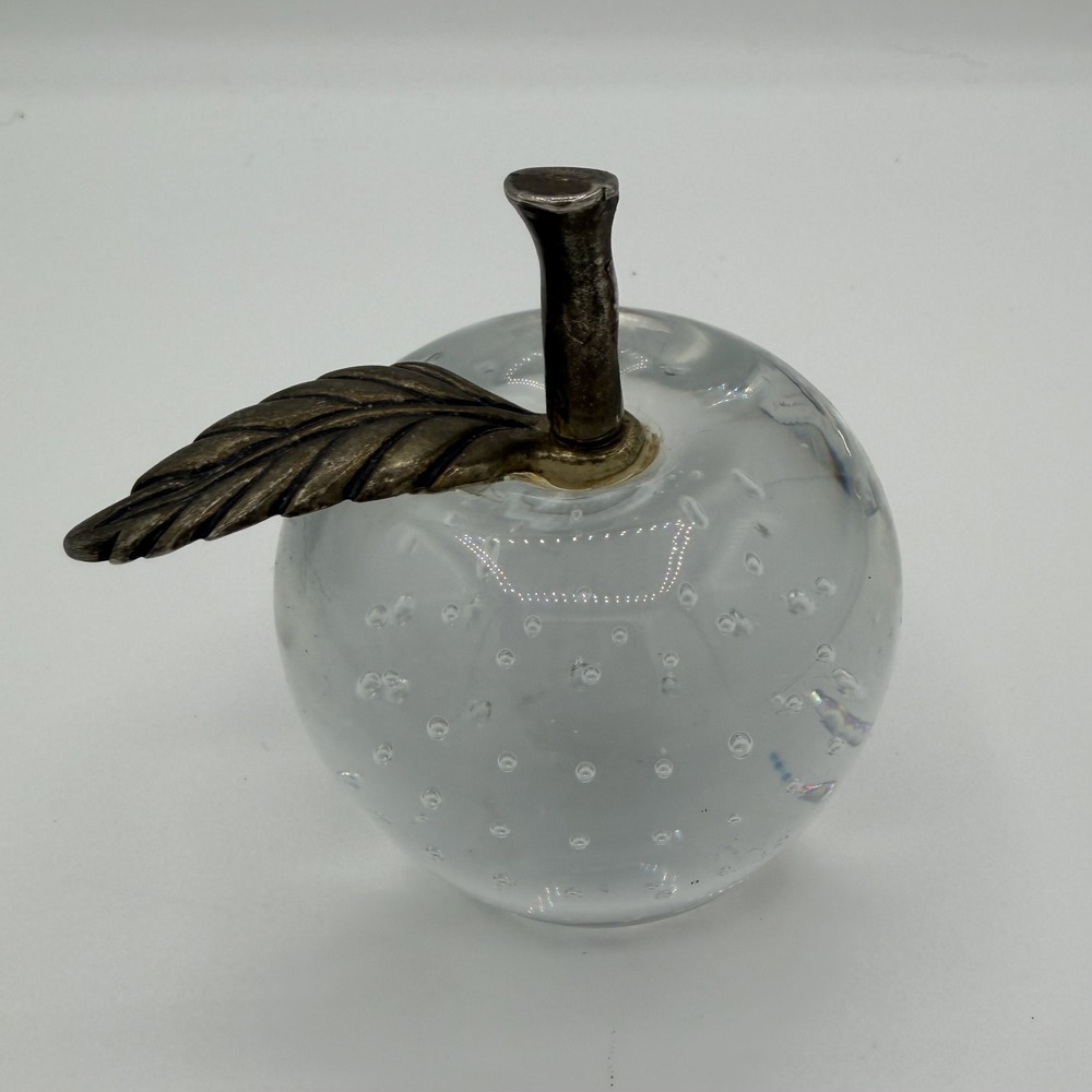 Vintage Clear Glass Apple Paperweight Metal Stem Leaf Bubbles Desk‎ Decor
